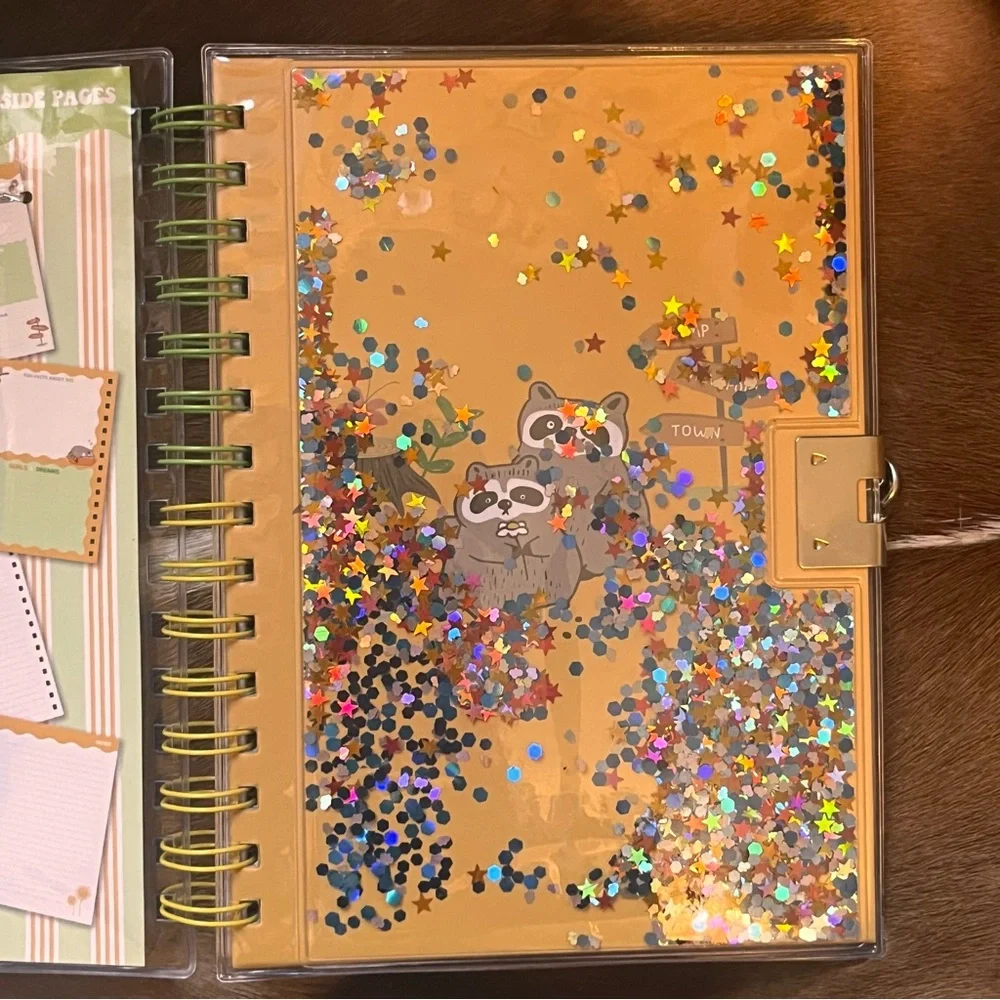 🏷️🎉🆕 cottagecore kawaii animal spiral glitter shaker planner with lock & key
